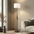 Lucande Aovan floor lamp, black, with shelf and USB port