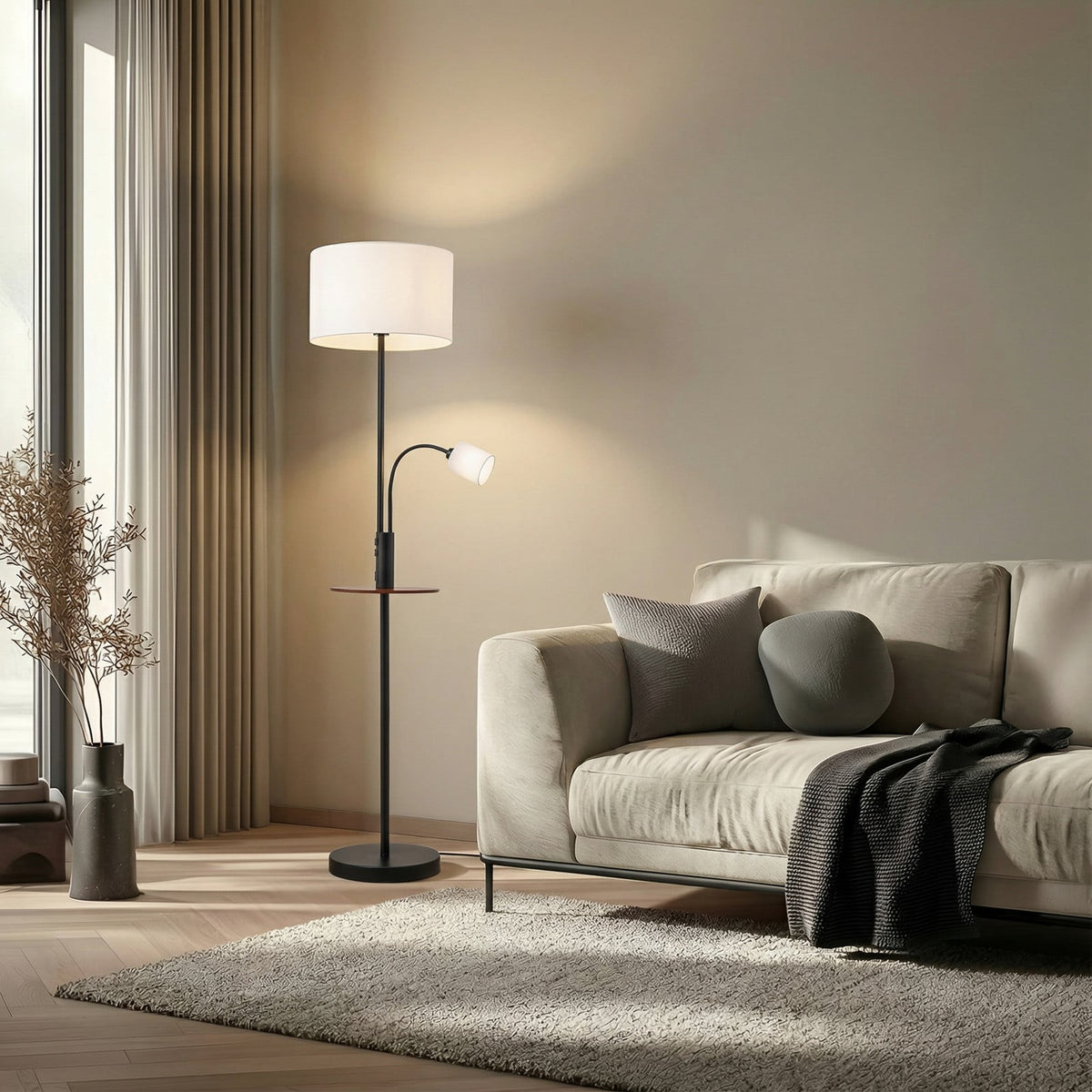 Lucande Aovan floor lamp, black, with shelf and USB port