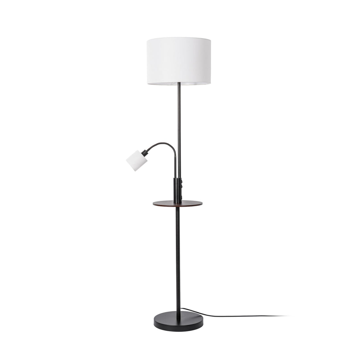 Lucande Aovan floor lamp, black, with shelf and USB port