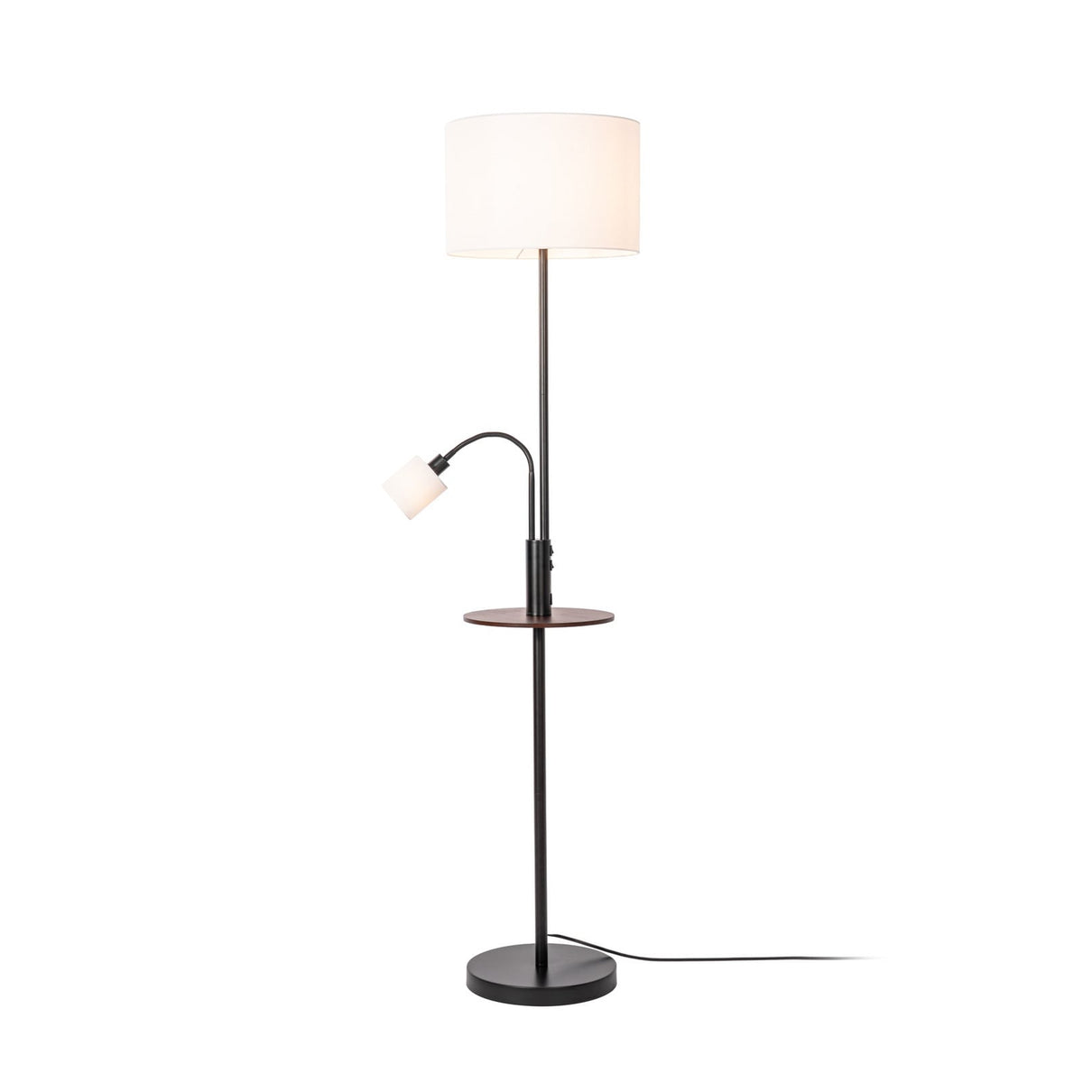 Lucande Aovan floor lamp, black, with shelf and USB port
