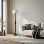 Lucande Aovan floor lamp, black, with shelf and USB port