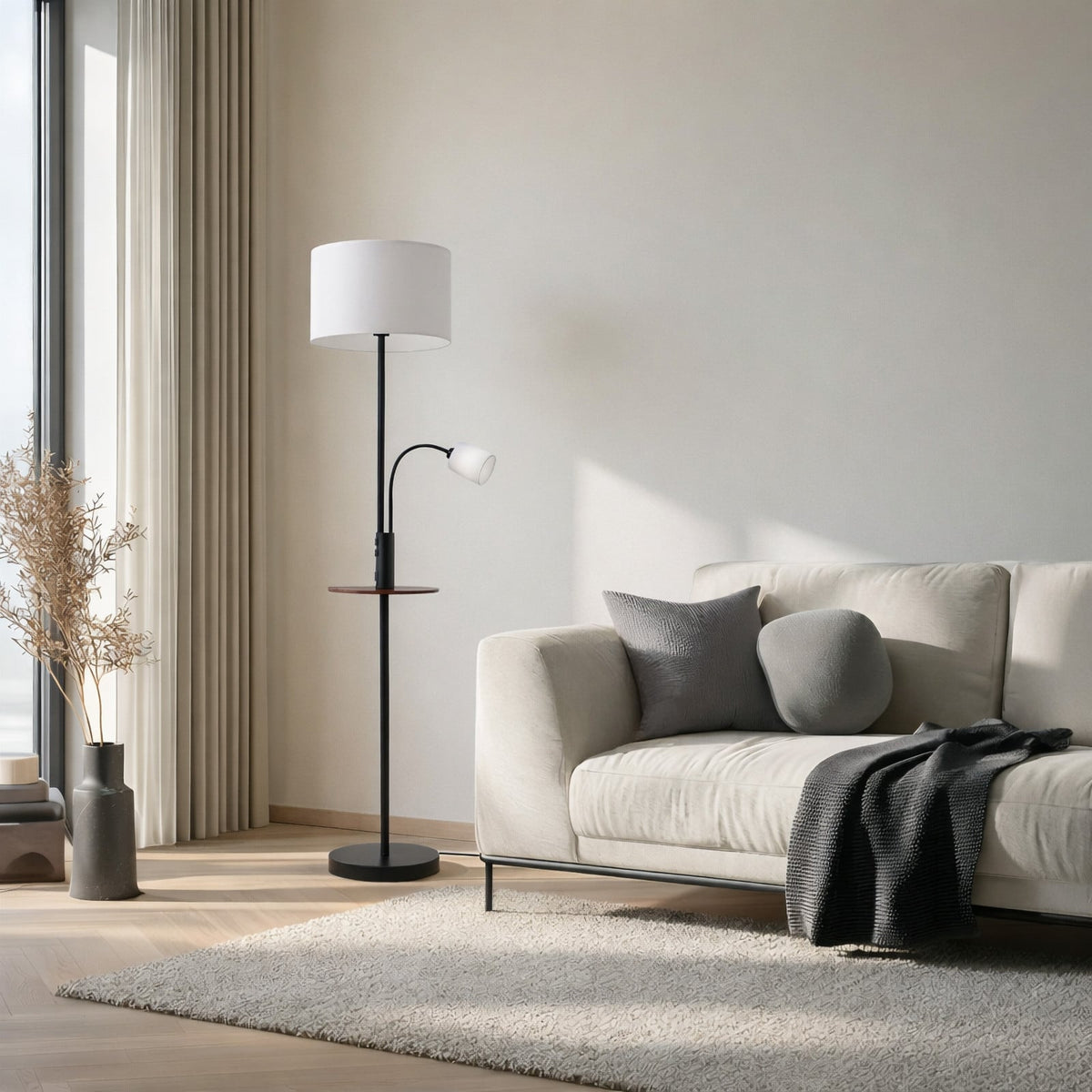 Lucande Aovan floor lamp, black, with shelf and USB port