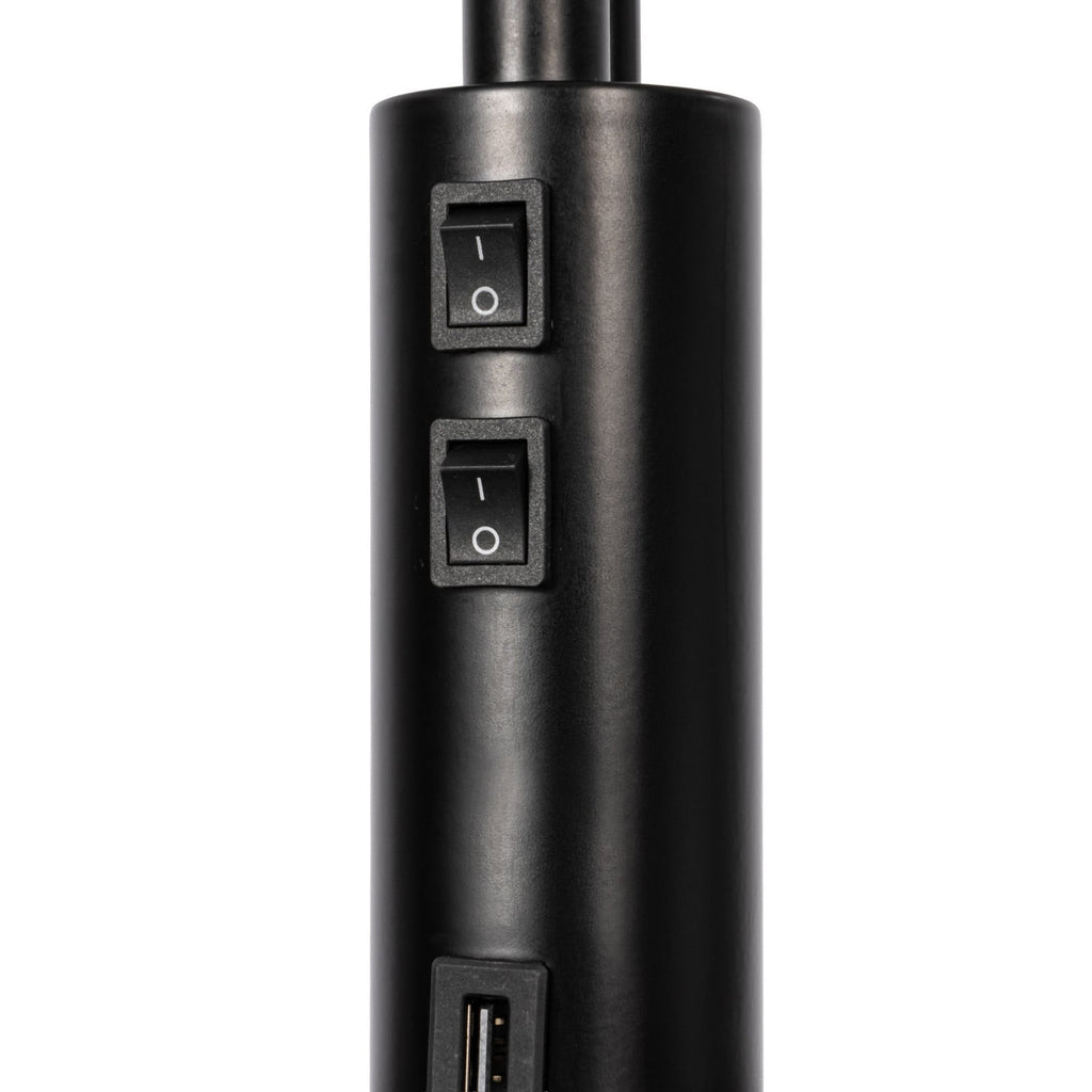 Lucande Aovan floor lamp, black, with shelf and USB port
