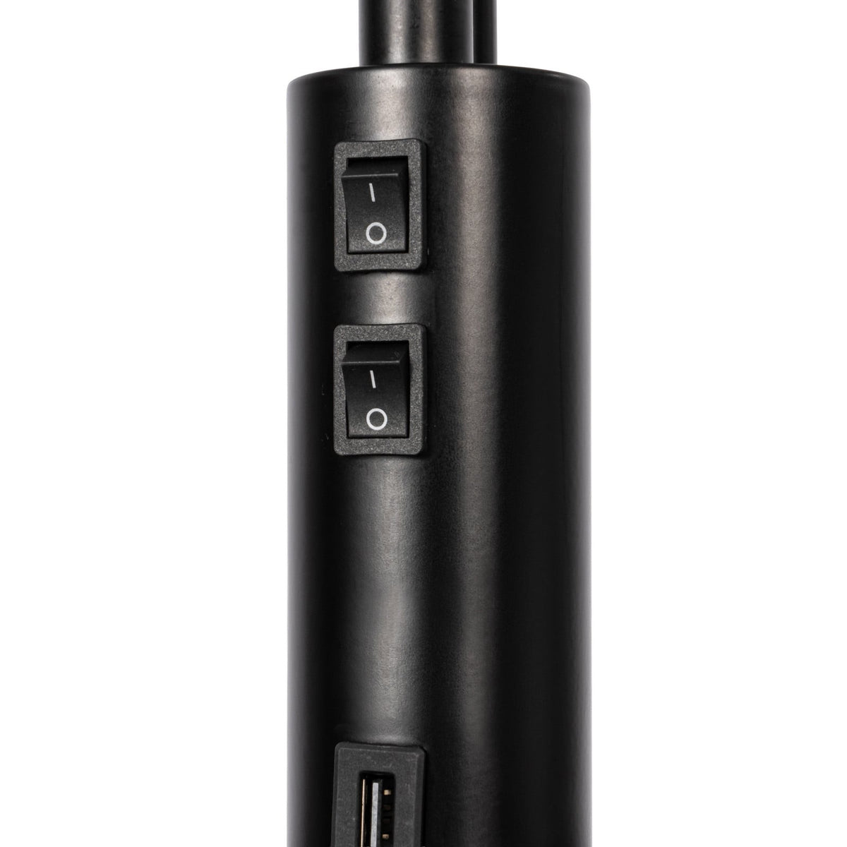 Lucande Aovan floor lamp, black, with shelf and USB port