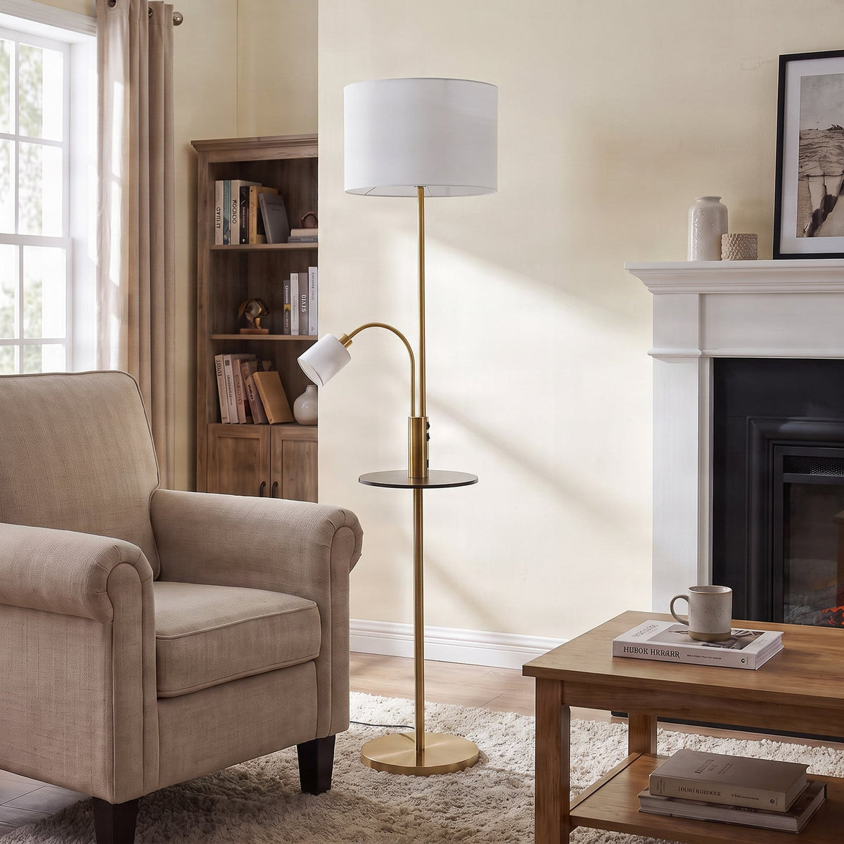 Aovan 67" Brass Floor Lamp with Shelf & USB Port