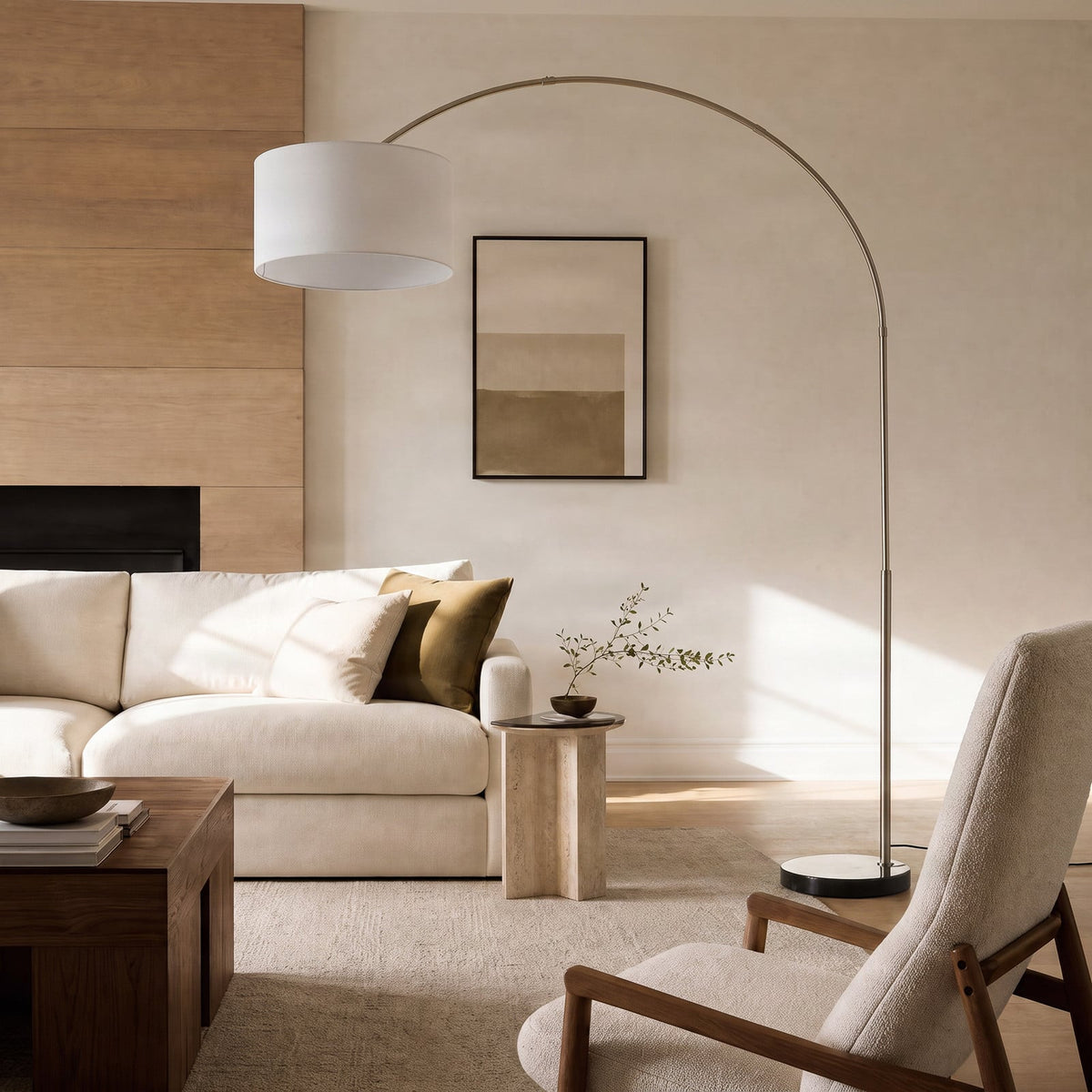 Lucande Belinda Arc Lamp, white, fabric/marble, 78.74 in