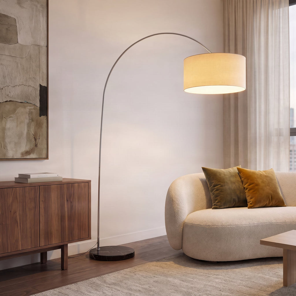 Lucande Belinda Arc Lamp, white, fabric/marble, 78.74 in