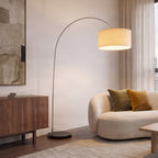 Lucande Belinda Arc Lamp, white, fabric/marble, 78.74 in