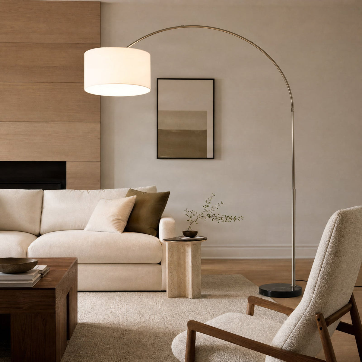 Lucande Belinda Arc Lamp, white, fabric/marble, 78.74 in