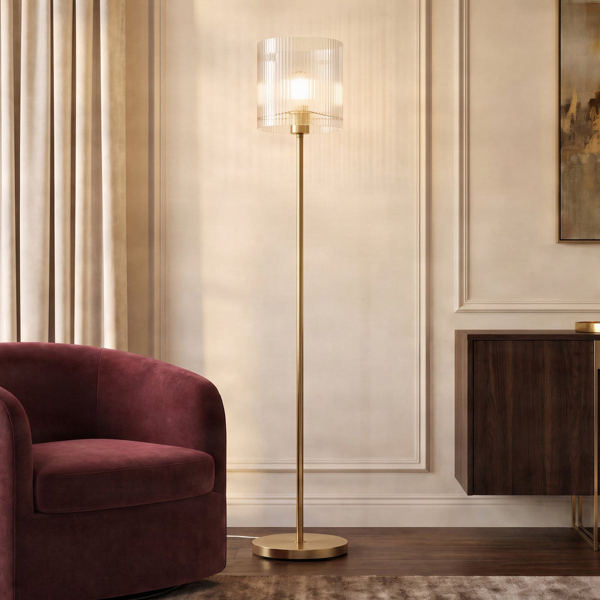 Lucande Carlie floor lamp, brass/clear, height 59.05 in