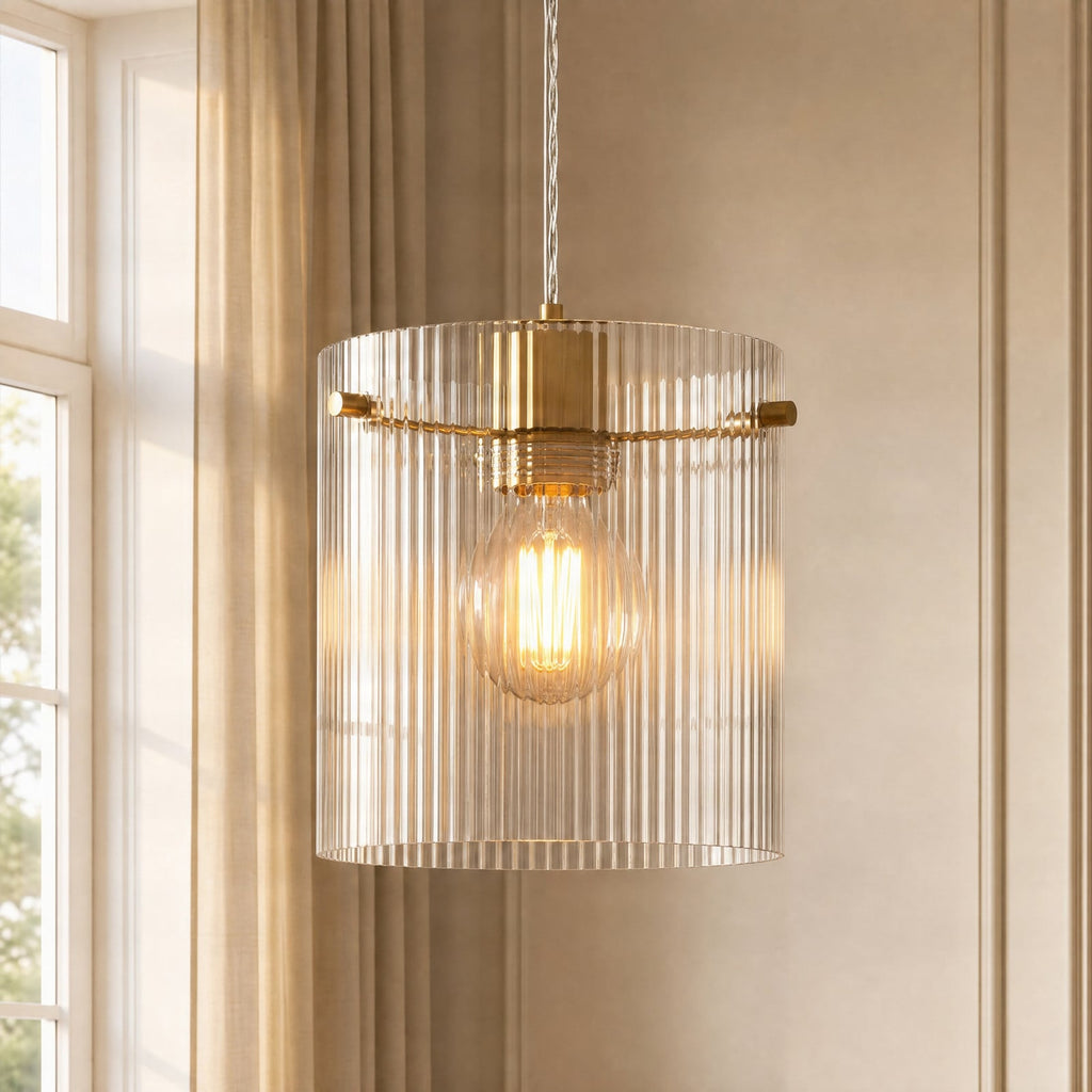 Lucande Carlie pendant light, 1-bulb, brass/clear, 7.87 in