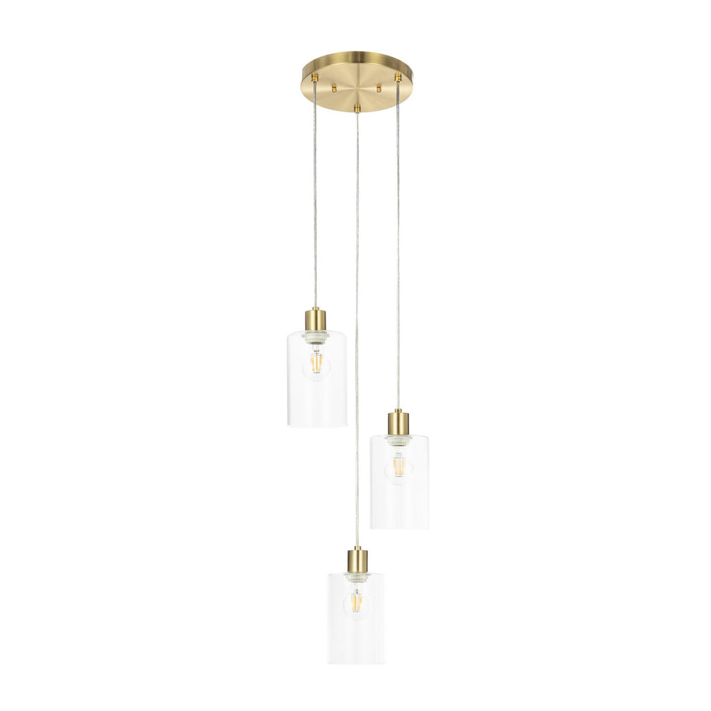 Lucande Carlie hanging light, 3-bulb, brass/clear, Ø 12.21 in