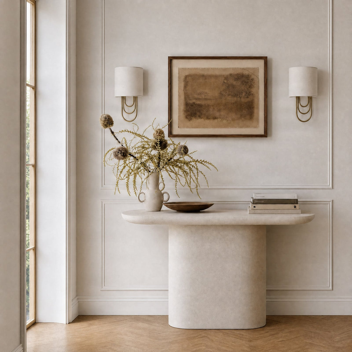 Lucande Glam wall light, white/brass, 14.7 in, fabric