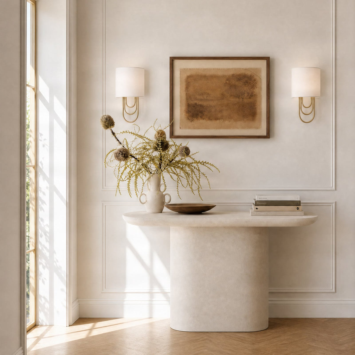 Lucande Glam wall light, white/brass, 14.7 in, fabric