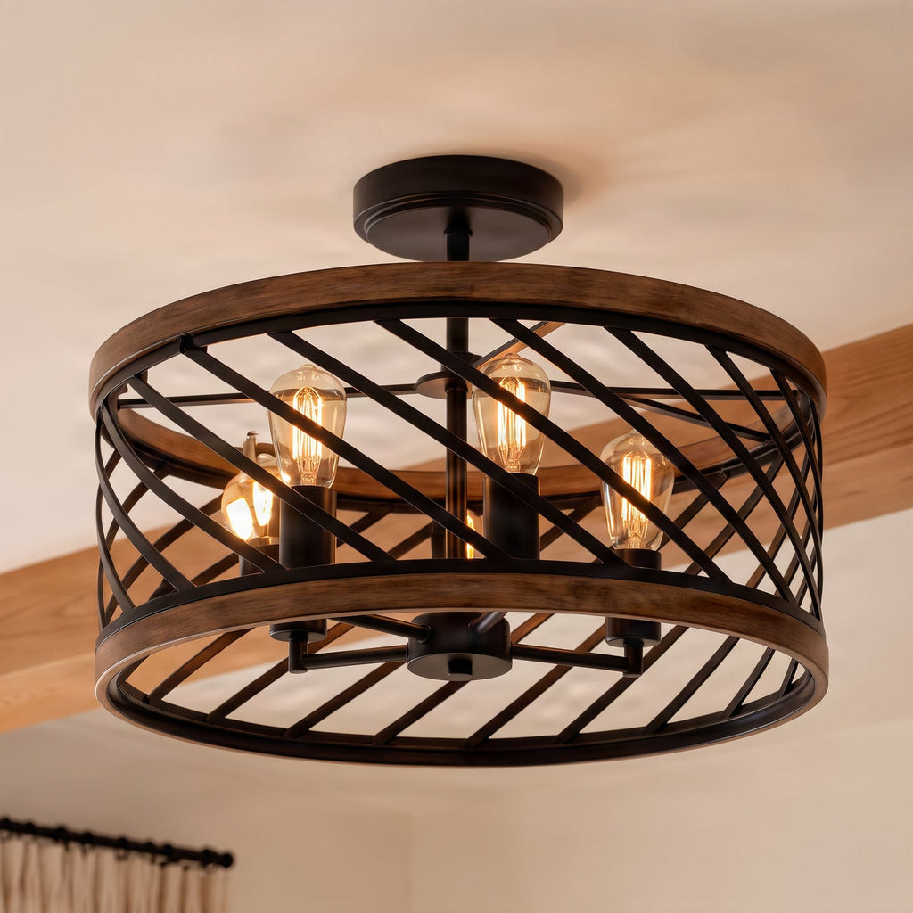 Lucande Brook ceiling light, Ø 16 in, 4-bulb, black/wood
