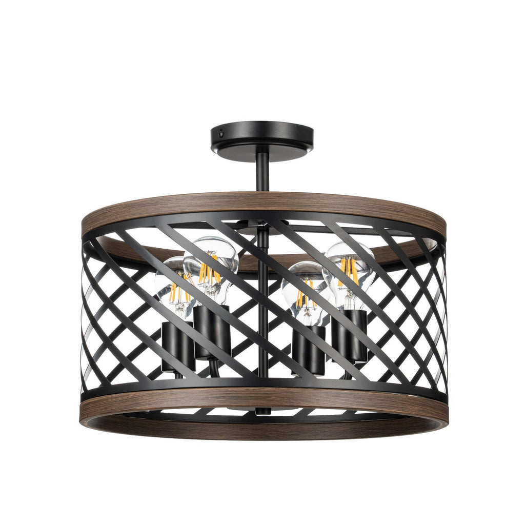 Lucande Brook ceiling light, Ø 16 in, 4-bulb, black/wood