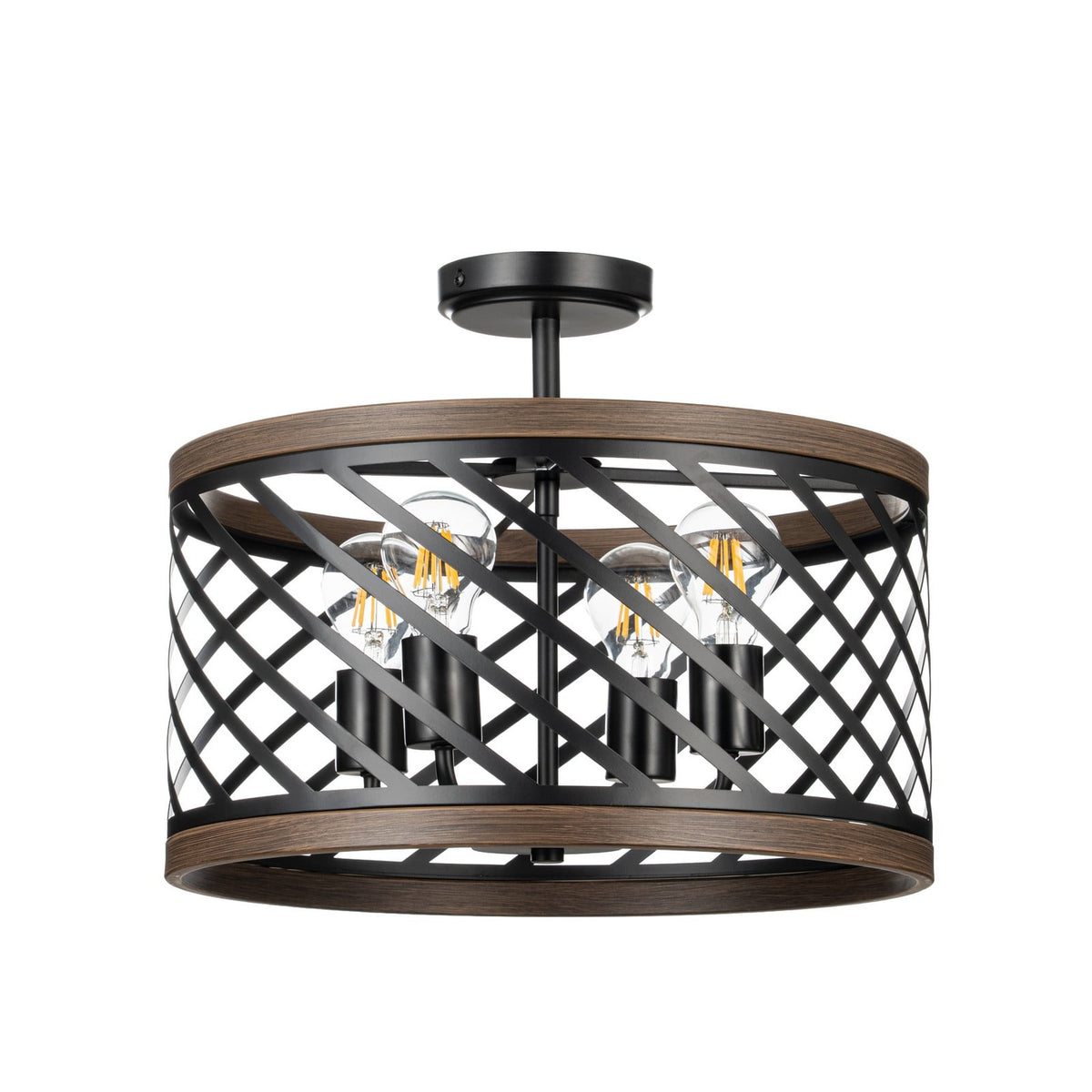 Lucande Brook ceiling light, Ø 16 in, 4-bulb, black/wood
