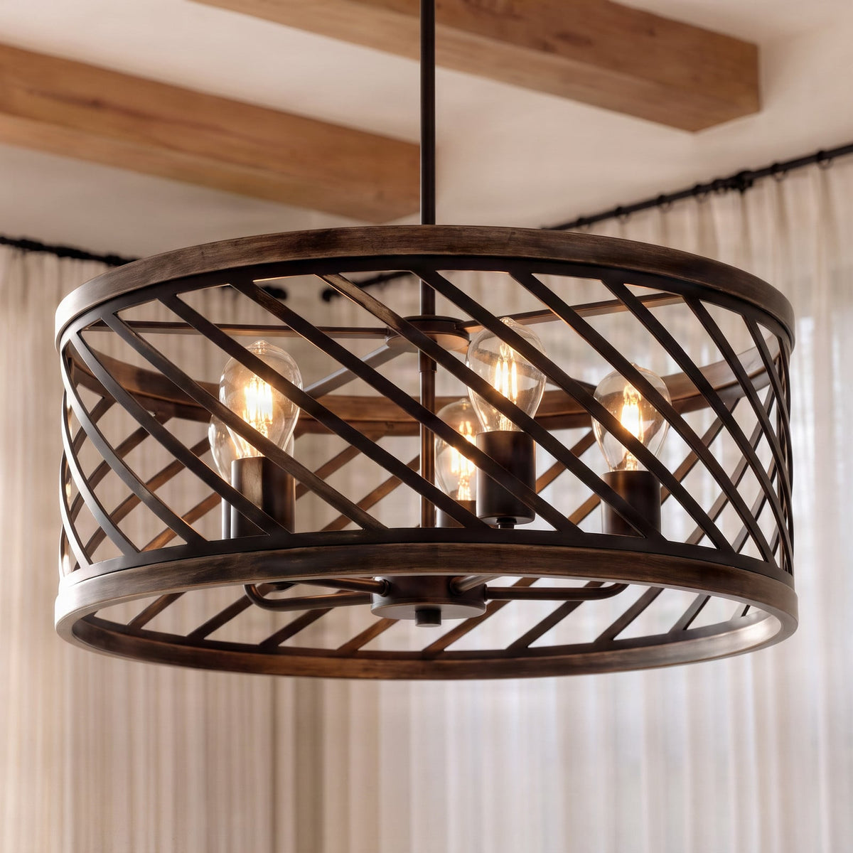 Lucande Brook pendant light, Ø 19.6 in, 5-bulb, black/wood