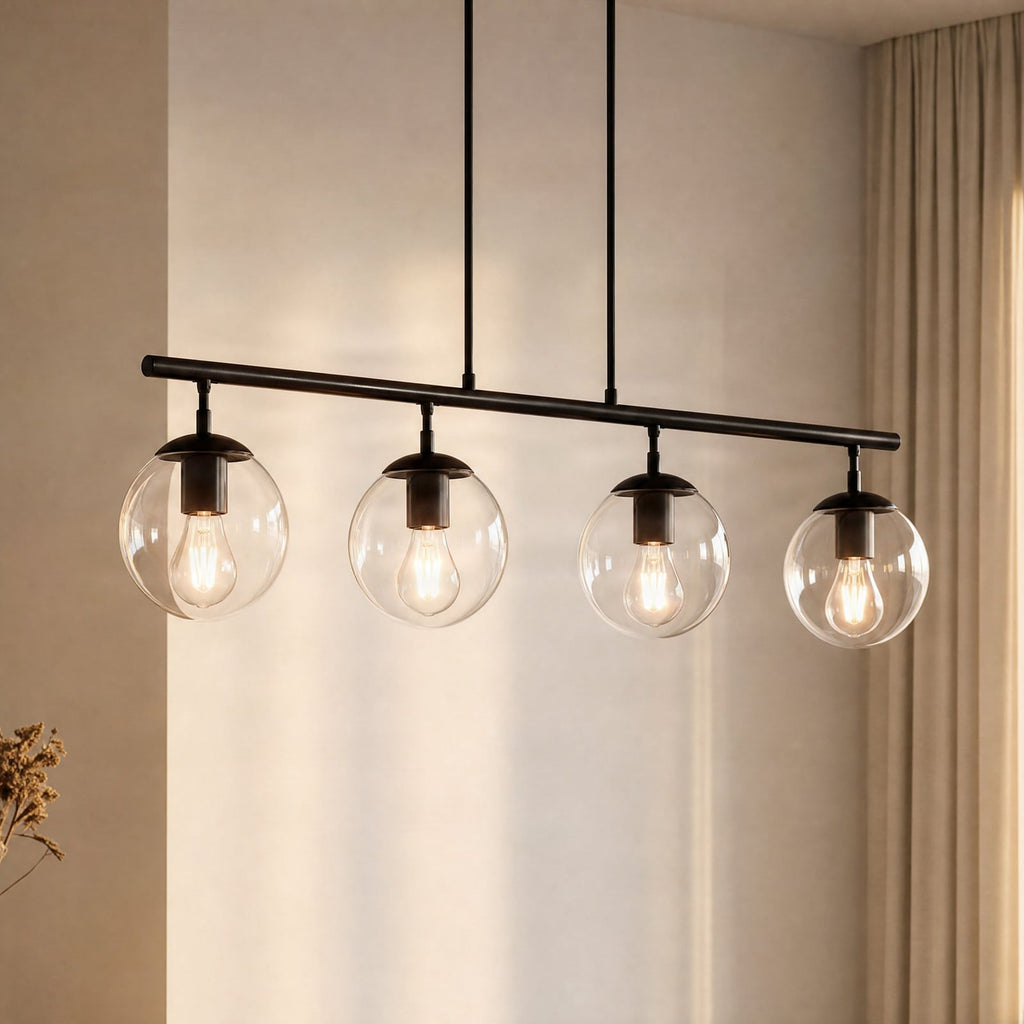 Lucande Oscar pendant light, 36 in, 4-bulb, black, glass