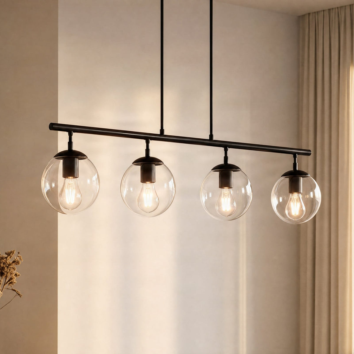 Lucande Oscar pendant light, 36 in, 4-bulb, black, glass