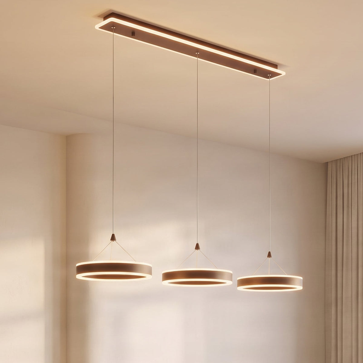 Lucande Kolo LED hanging light, 44 in, 3-bulb, brown, dimmable