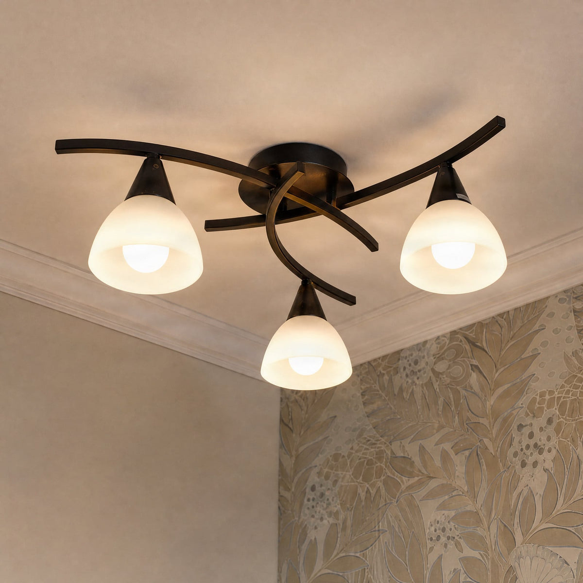 Lucande Della ceiling light, black, 19.6 in, 3-bulb, glass
