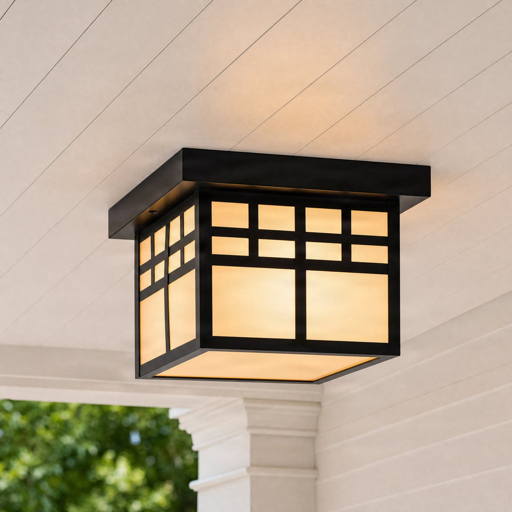 Lucande Aiko outdoor ceiling light, angular, black, metal/glass