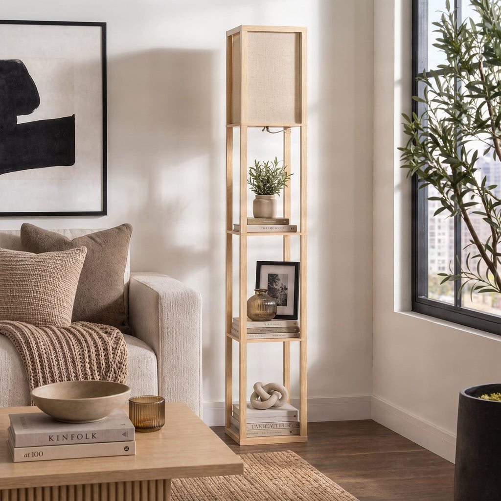 Lucande Birta floor lamp, wood-effect/white, shelf, 62.48 in