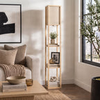 Lucande Birta floor lamp, wood-effect/white, shelf, 62.48 in
