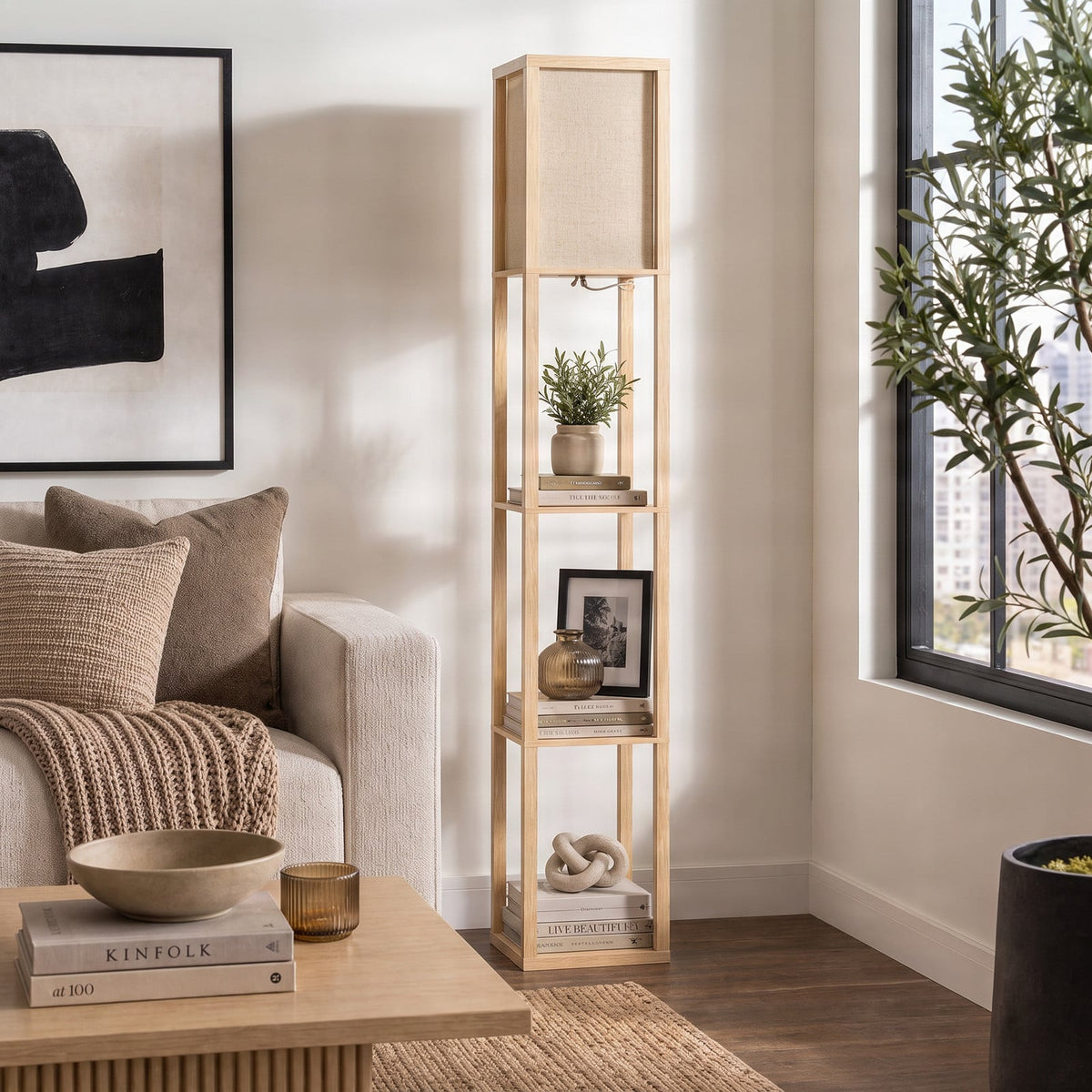Lucande Birta floor lamp, wood-effect/white, shelf, 62.48 in