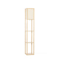 Lucande Birta floor lamp, wood-effect/white, shelf, 62.48 in