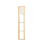 Lucande Birta floor lamp, wood-effect/white, shelf, 62.48 in