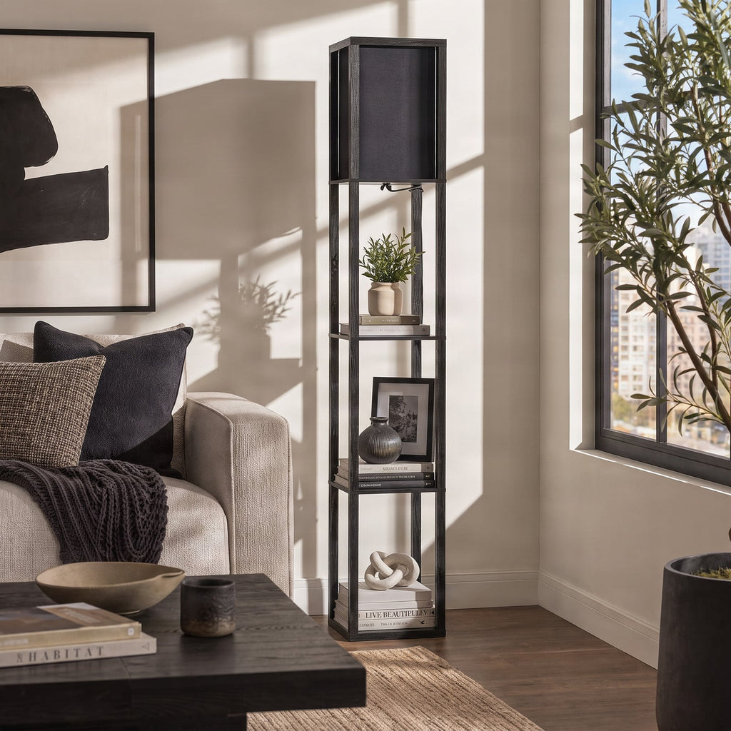 Lucande Birta floor lamp, black, shelf, height 62.48 in