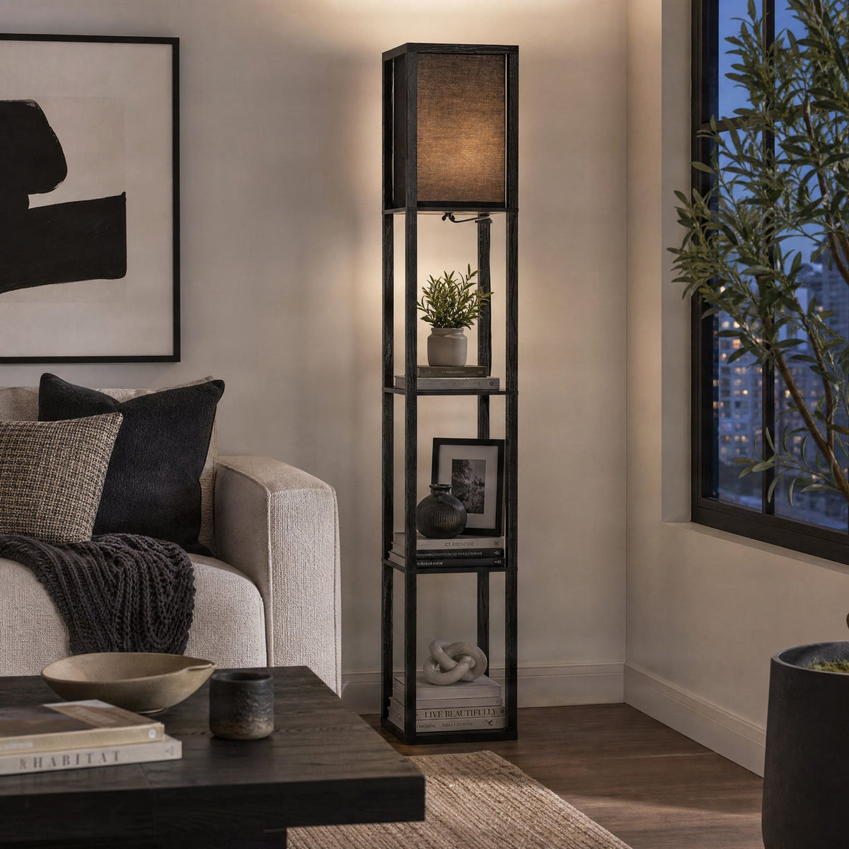 Lucande Birta floor lamp, black, shelf, height 62.48 in
