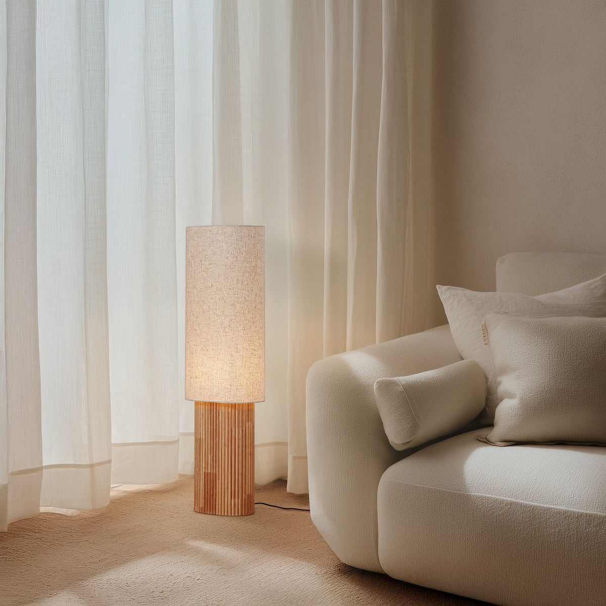 Lucande Kimiko floor lamp, height 39.37 in, wood/fabric