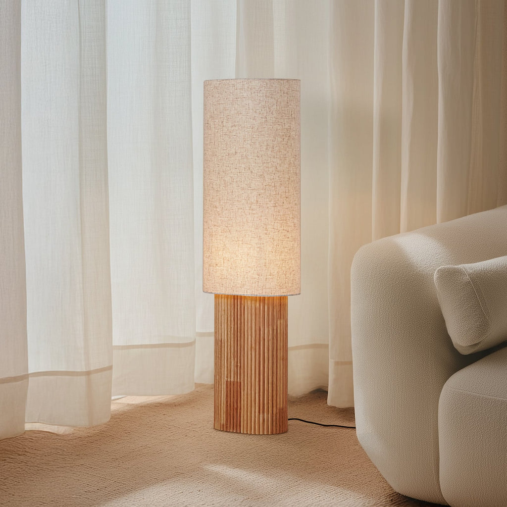 Lucande Kimiko floor lamp, height 39.37 in, wood/fabric