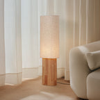 Lucande Kimiko floor lamp, height 39.37 in, wood/fabric