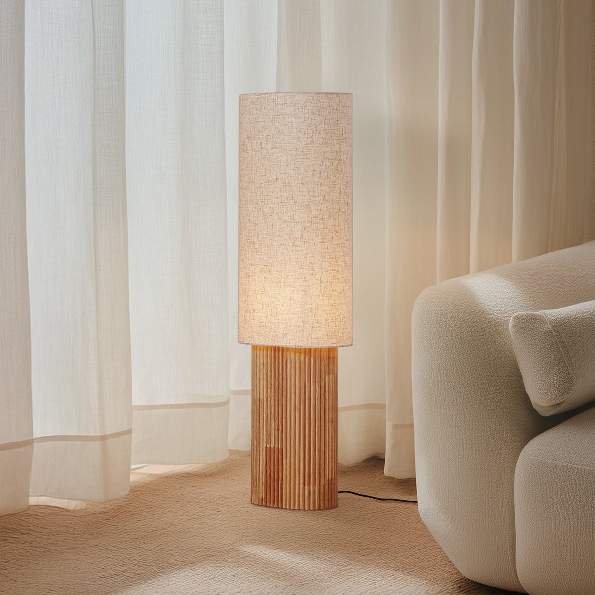 Lucande Kimiko floor lamp, height 39.37 in, wood/fabric