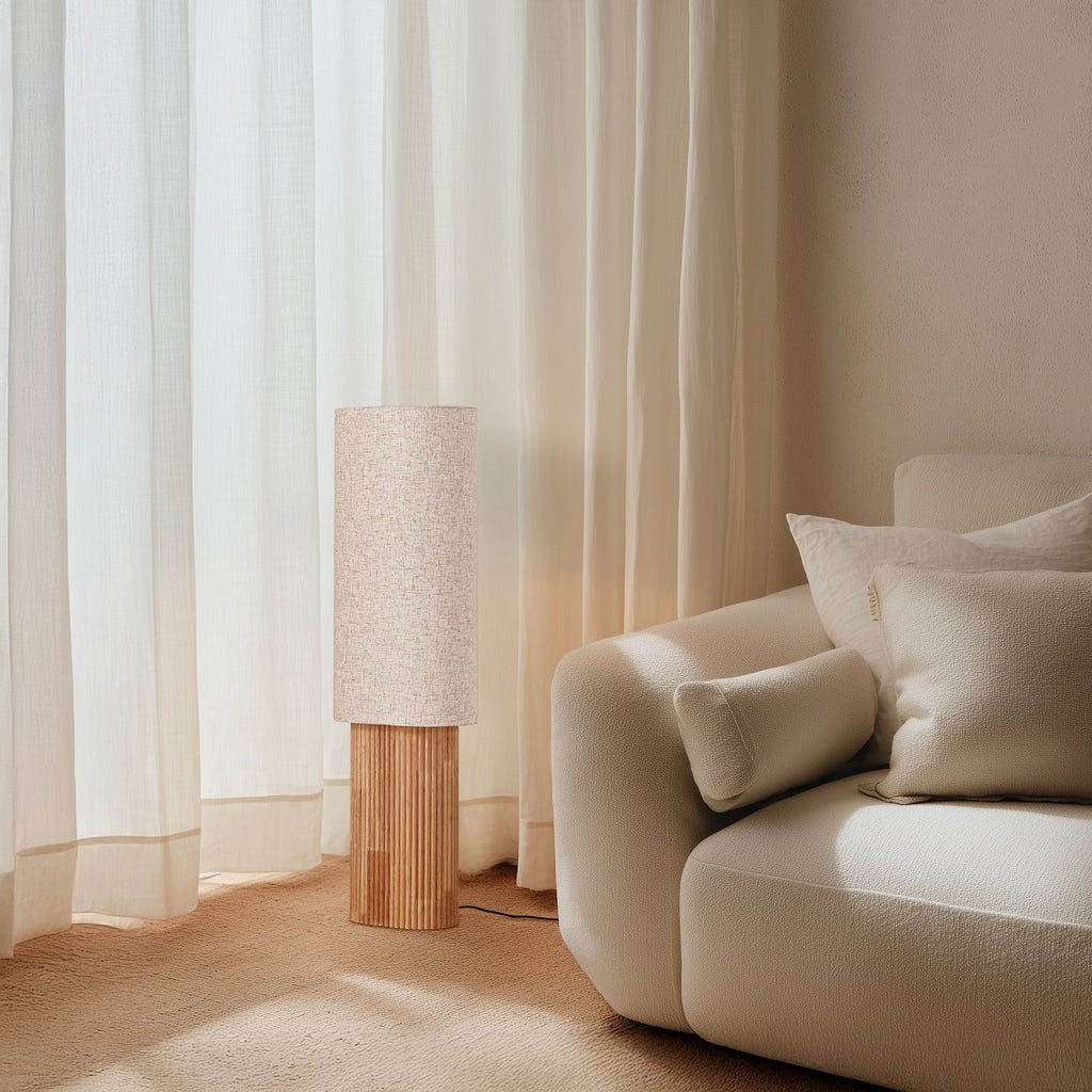 Lucande Kimiko floor lamp, height 39.37 in, wood/fabric