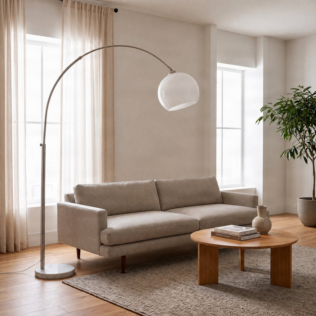 Lucande Alverton Arc Lamp, white/chrome, glass, 79.53 in