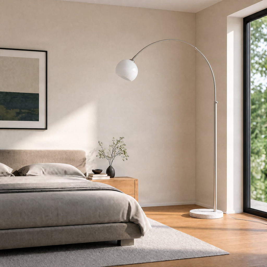 Lucande Alverton Arc Lamp, white/chrome, glass, 79.53 in