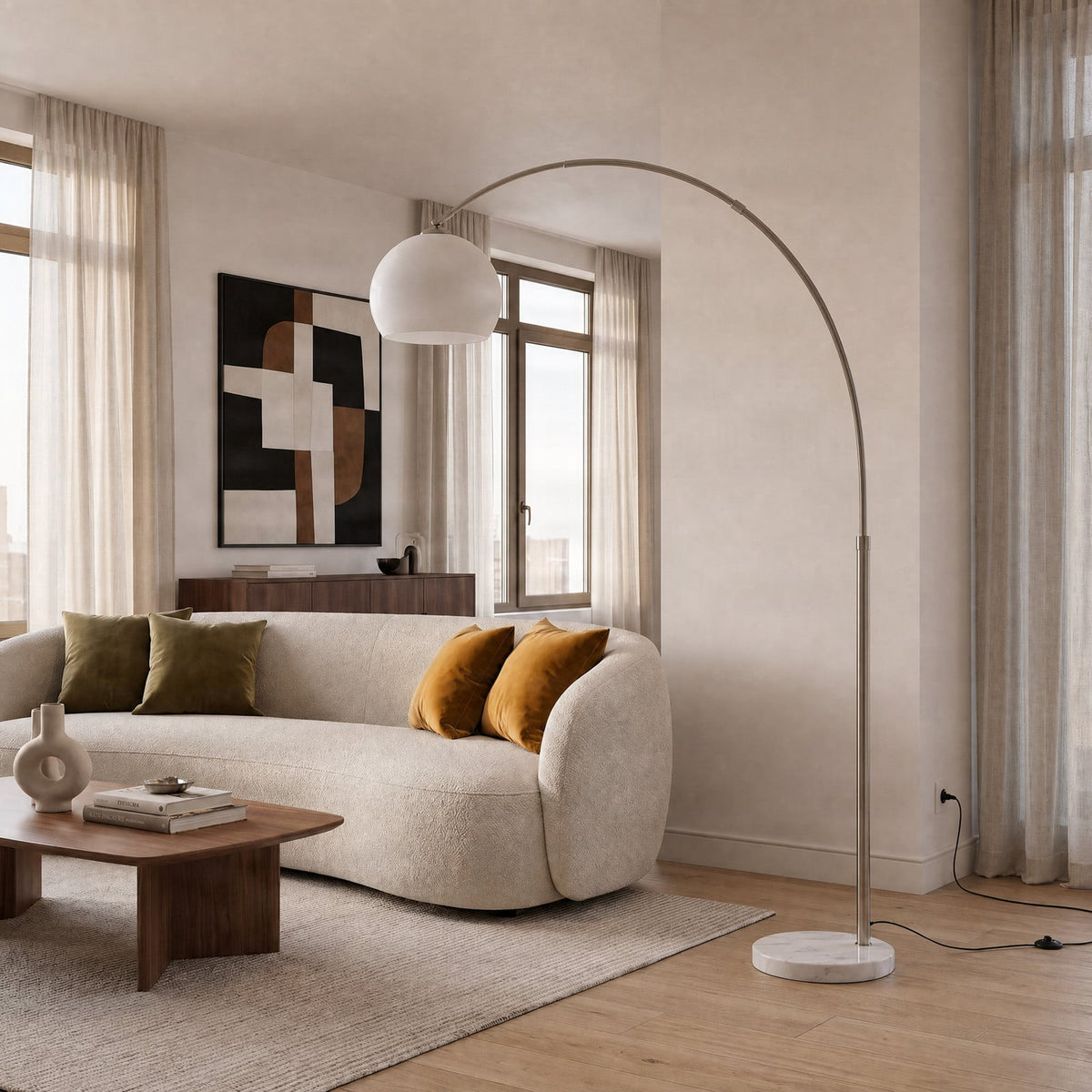 Lucande Alverton Arc Lamp, white/chrome, glass, 79.53 in