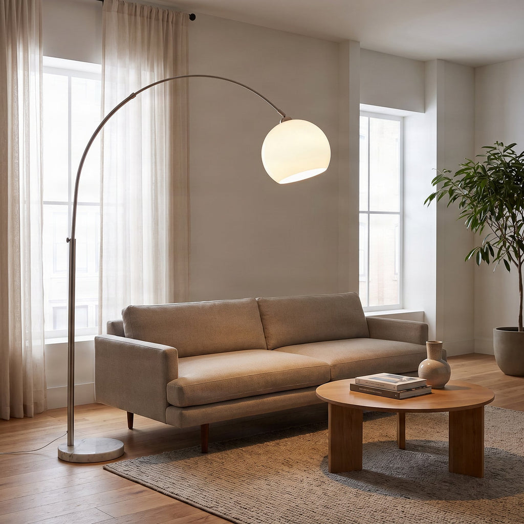 Lucande Alverton Arc Lamp, white/chrome, glass, 79.53 in