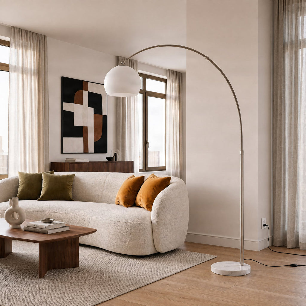 Lucande Alverton Arc Lamp, white/chrome, glass, 79.53 in