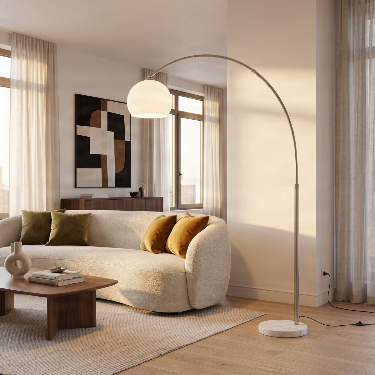 Lucande Alverton Arc Lamp, white/chrome, glass, 79.53 in