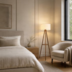 Lucande Marlow three-legged floor lamp, dark wood/white