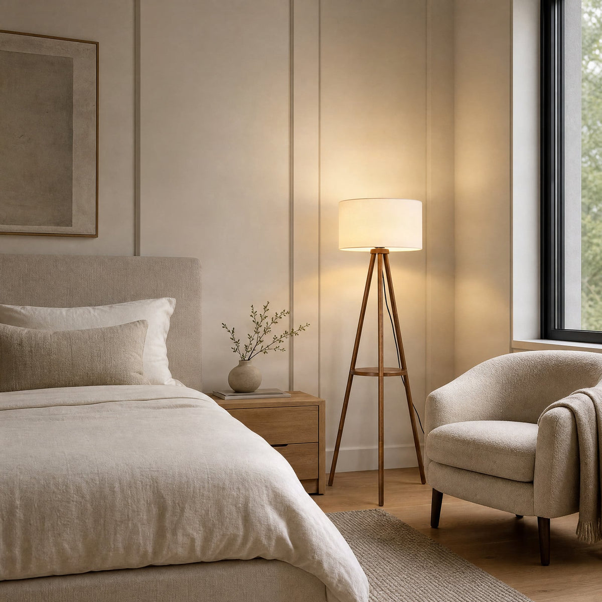 Lucande Marlow three-legged floor lamp, dark wood/white