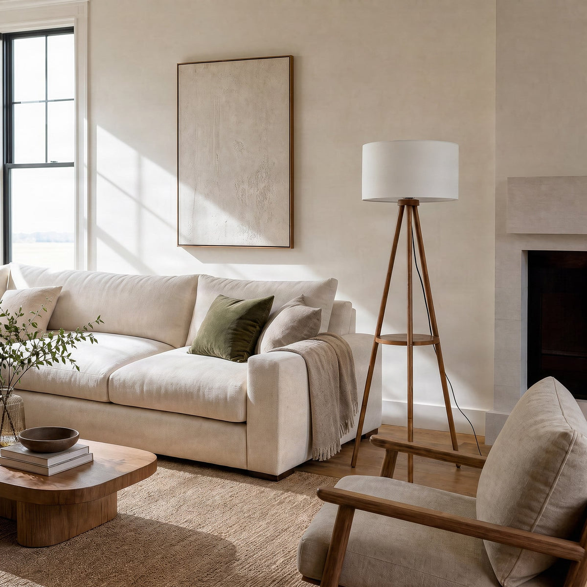 Lucande Marlow three-legged floor lamp, dark wood/white