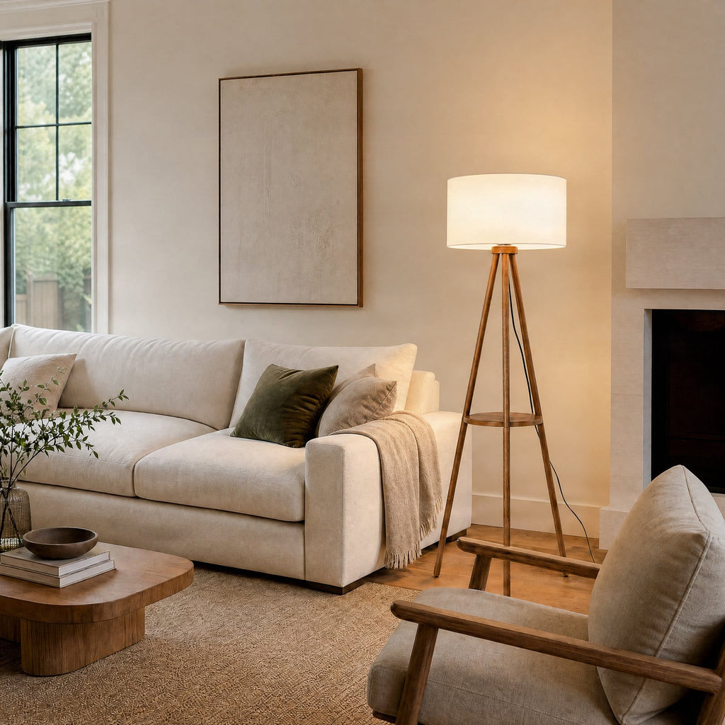 Lucande Marlow three-legged floor lamp, dark wood/white