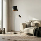 Lucande Efalia floor lamp, black and gold, fabric, reading spotlight